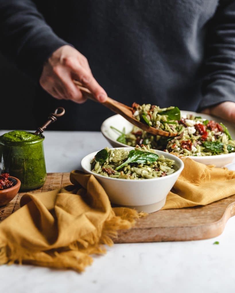 Scooping Orzo Salad