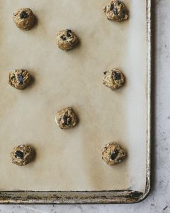 Cookie sheet with cookie dough balls