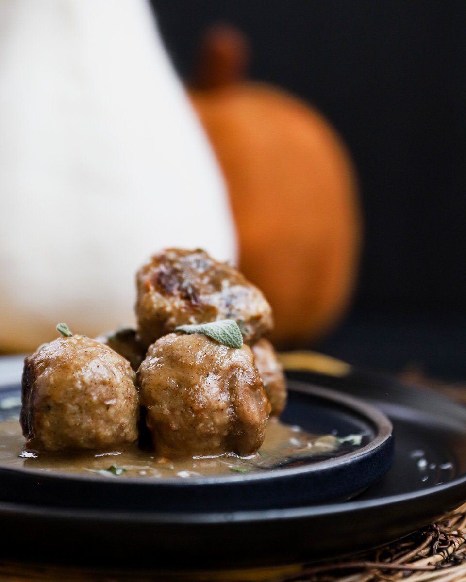 Plated turkey meatballs and gravy