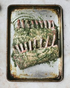 Racks of lamb with marinade on sheet pan