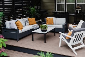 Outdoor patio furniture from Room and Board on deck