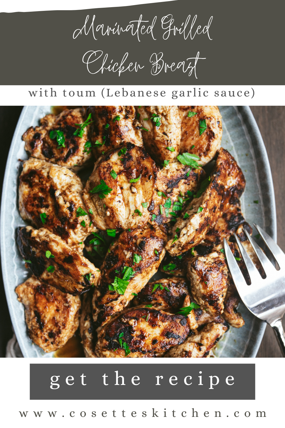 Image of grilled chicken with text, use to pin for later