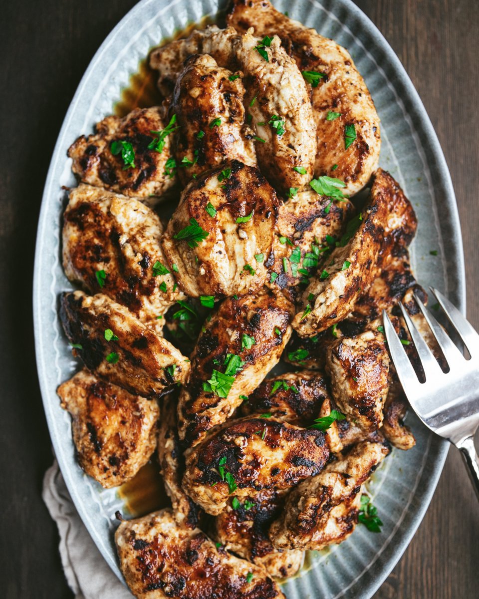Platter with grilled chicken breast and fork to serve