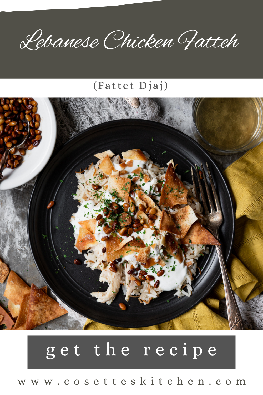 graphic image that has text title of dish. top down view of finished dish. Lebanese chicken fatteh