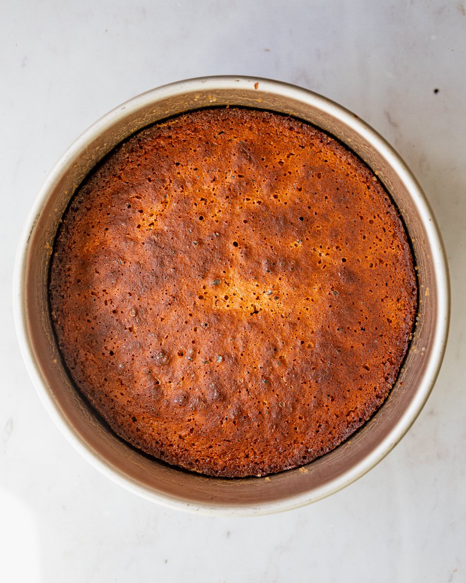 Baked almond cake out from oven