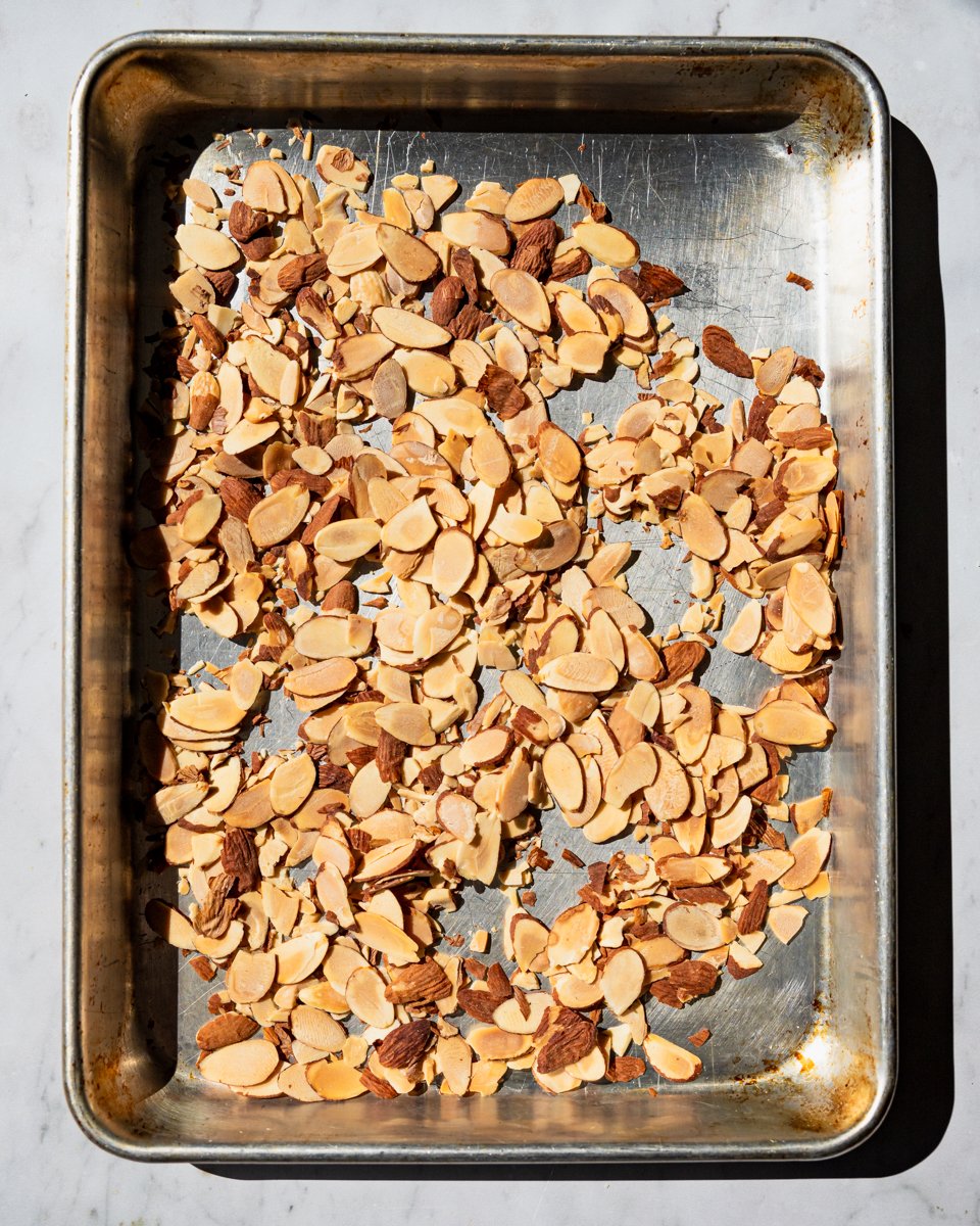 toasted slivered almonds on a tray