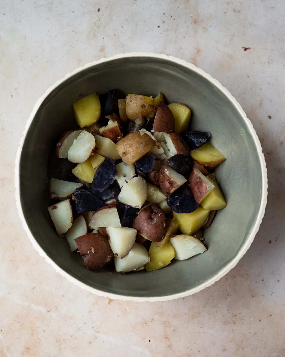 cut potatoes in a bowl