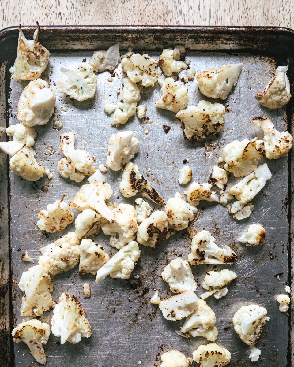 cauliflower - arnabeet on sheet pan taken out halfway during roasting